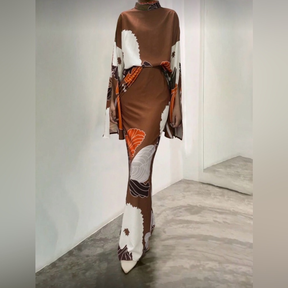Floral Brown and Orange Kimono Skirt set